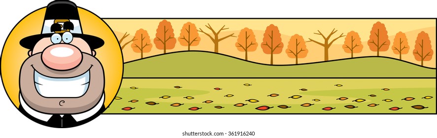 A cartoon illustration of a Thanksgiving graphic with a Pilgrim.