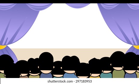 Cartoon Illustration Of A Theater, Opera House, Performing Art Hall Center, Music Concert, School Auditorium Filled With Crowd Of People, Audience, Listener, Adult Man, Kids, Fans, Supporter, Student.