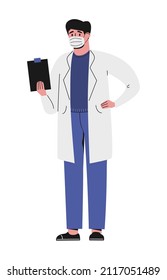 Cartoon illustration of therapist man with face mask and white uniform. Protection and prevention. Doctors consultation. Health care, medicine concept. Flat vector cute character. Isolated.