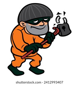 Cartoon illustration of A Thief breaking padlock with crowbar. Best for sticker, mascot, and logo for antivirus software or program security issues themes