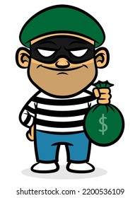 Cartoon illustration of A Thief Wearing mask and beanie hat, carrying a bag of money, best for mascot, logo, and sticker with robbery themes