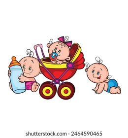 cartoon illustration, three babies, one is crawling, the second is with a large bottle of milk, the third is sitting in a stroller, an isolated object on a white background, vetor, eps