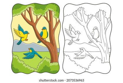 cartoon illustration three birds playing in the tree in the middle of the forest book or page for kids