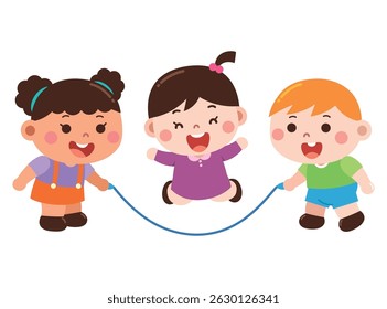 Cartoon illustration of three cheerful children playing jump rope. Two children are holding the rope while the one in the middle is joyfully jumping. They are smiling and enjoying a fun group activity