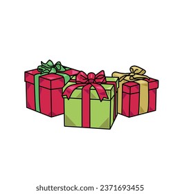 Cartoon illustration of three Christmas presents wrapped in red, green, and gold ribbons. - Gift box - Vector