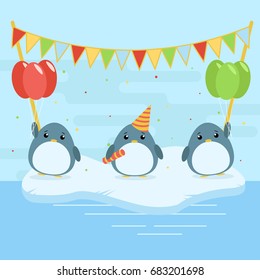Cartoon illustration of three cute penguins with balloons and flags on ice floe. Flat design for children