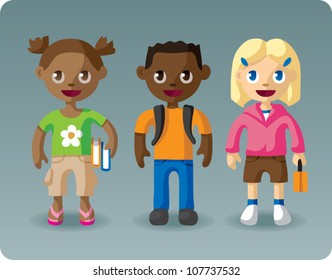 Cartoon illustration of three elementary school students of mixed genders and ethnic backgrounds, one wearing a backpack, one holding books, and one holding a lunchbox.