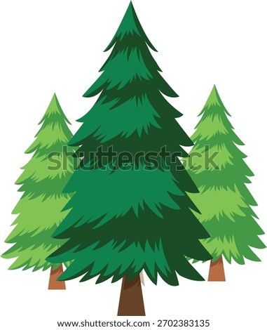 Cartoon illustration of three evergreen pine trees, depicting a lush forest or nature scene with varying shades of green foliage, ideal for natural themes