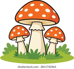 cartoon illustration of three fly agaric mushrooms on green grass