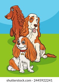 Cartoon illustration of three funny purebred spaniel dogs comic animal characters group