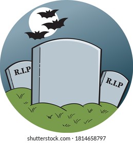 Cartoon illustration of three gravestones in a graveyard under a full moon with flying bats.
