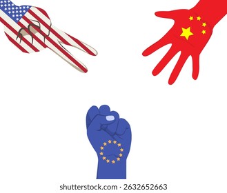 Ilustración de dibujos animados de tres manos jugando piedra-papel-tijeras con banderas de Estados Unidos, Europa y China. Vector del concepto de competencia internacional y estrategia diplomática