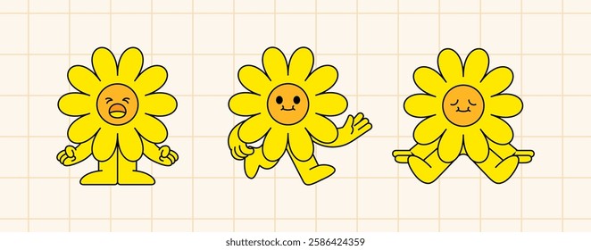 Cartoon illustration of three happy flowers with different expressions, representing emotions and fun, designed in a cheerful style