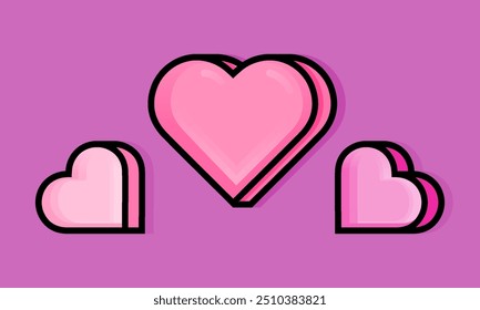 Cartoon illustration of three heart symbols for love with outline. Can be used for birthdays, parties, Valentine Day, celebrations and printed on t-shirts, hoodies, tote bags