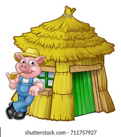 A cartoon illustration from the three little pigs childrens fairy tale, pig character with his straw house.