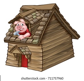 A cartoon illustration from the three little pigs childrens fairy tale, pig character with his wood house.