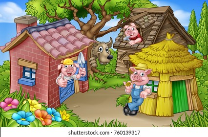 A cartoon illustration from the three little pigs childrens fairytale story  the 3 pig characters and their straw  wooden   brick houses   the big bad wolf peeking from behind tree 