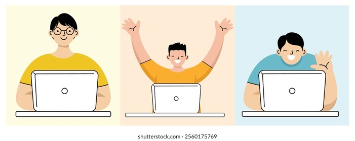 Cartoon illustration of three people using laptops, smiling, waving, and celebrating, representing online meetings and productivity.