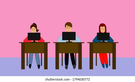 Cartoon illustration of three students working at laptops in classroom. Learning class, group. Studying together. Education and internet concept