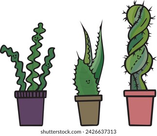 Cartoon illustration of three succulent plants in pots