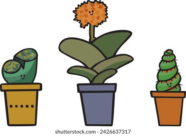 Cartoon illustration of three succulent plants in pots