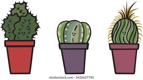 Ilustración de dibujos animados de tres plantas suculentas en macetas
