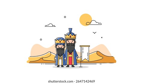 A Cartoon Illustration of Three Wise Men in the Desert Environment