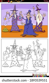 Cartoon illustration of three wizards fantasy characters coloring book page