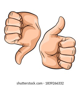 A Cartoon Illustration of a Thumbs Up and a Thumbs Down. The Concept of Fine, Agree or Okay. Like Positive Fist on White Background. Ideal for Institutional and Informational Material