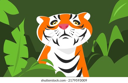 cartoon illustration of a tiger in a bush. forest atmosphere. leaves, grass. half body. animal theme concept, beast, predator, international tiger day celebration. flat vector