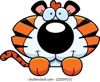 A cartoon illustration of a tiger cub peeking over an object.