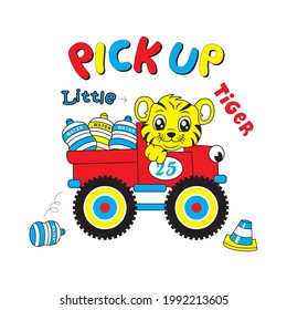 cartoon illustration of a tiger driving a pickup