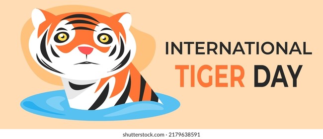 cartoon illustration of a tiger in the water with international tiger day text. half body. animal theme concept, beast, predator, celebration. flat vector