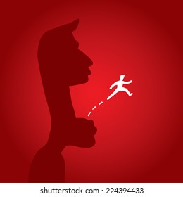 Cartoon illustration of tiny man jumping away and escaping from certain danger