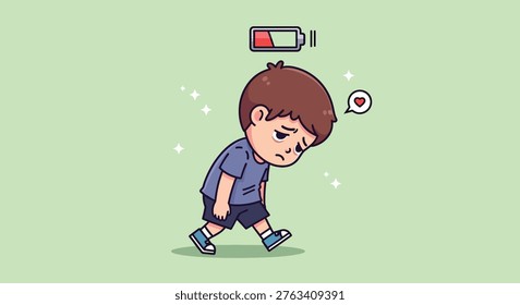 A cartoon illustration of a tired boy with a low battery indicator above his head, symbolizing exhaustion and lack of energy.