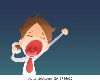 A cartoon illustration of a tired office worker yawning with a coffee cup, struggling to stay awake and beat the deadline during a stressful night of overtime.