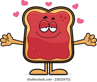 A cartoon illustration of a toast with jam ready to give a hug.