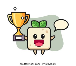 Cartoon illustration of tofu is happy holding up the golden trophy