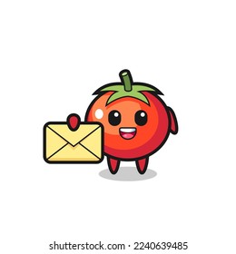 cartoon illustration of tomatoes holding a yellow letter , cute style design for t shirt, sticker, logo element