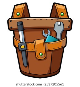 A cartoon illustration of a tool belt with a wrench, screwdriver, and level, perfect for adding a touch of whimsy to your designs. This fun and playful graphic is ideal for construction.