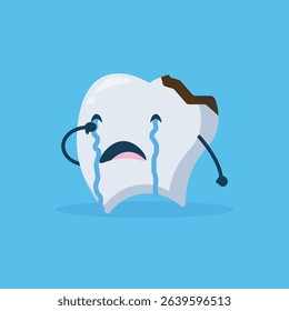 Cartoon illustration of a tooth with a cavity, which is designed as an anthropomorphic character with large teardrops, depicted as sad.