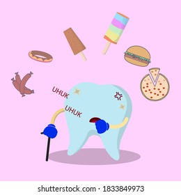 Cartoon illustration of a tooth coughing up too badly
