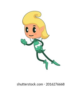 cartoon illustration of a tooth fairy waving and carrying a tooth.