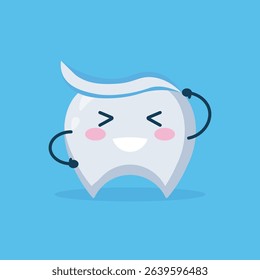 Cartoon illustration of a tooth with a happy expression, styled in a cute, kawaii style, with toothpaste on top.  The tooth is light gray and is presented on a solid light blue background.