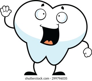Cartoon illustration of a tooth with a happy expression. 