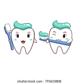 Cartoon Illustration of tooth holding toothbrush.