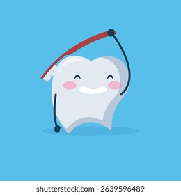 Cartoon illustration of a tooth with a toothbrush, in a cheerful and friendly style. The tooth has a happy expression with pink blush and is holding a toothbrush.  