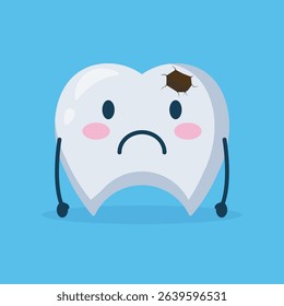 Cartoon illustration of a tooth with a visible cavity, displaying a sad expression. The tooth is depicted in a simple, flat design style with large, round features, and simple lines.