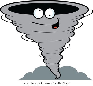 Cartoon illustration of a tornado with a happy expression. 
