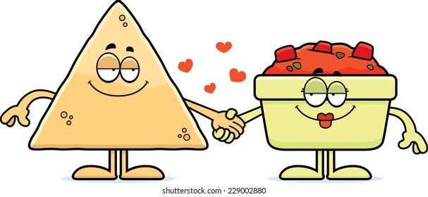 A cartoon illustration of a tortilla chip and a bowl of salsa holding hands.